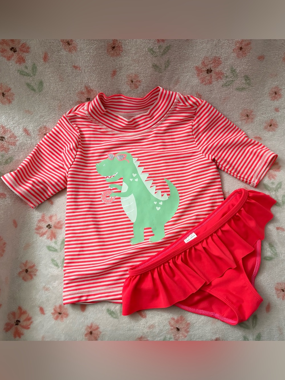 Carter's Coral & White Stripe Rashguard Set with Mint Dino